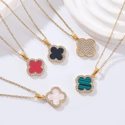 Collar Acero Trebol - Borde Stras Dorado X12