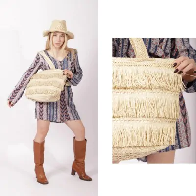 Bolso Canasto Con Flecos Beige