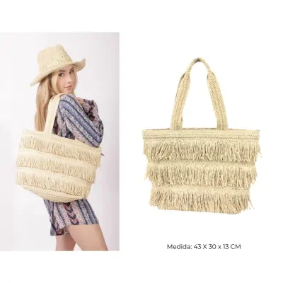 Bolso Canasto Con Flecos Beige