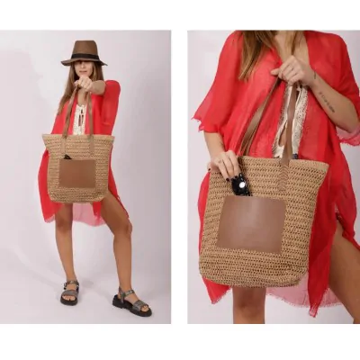 Bolso Canasto Con Bolsillo Camel