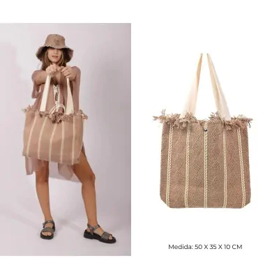 Bolso Canasto Rayas Con Flecos Beige