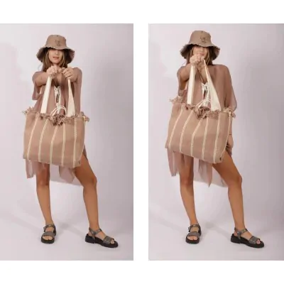 Bolso Canasto Rayas Con Flecos Beige