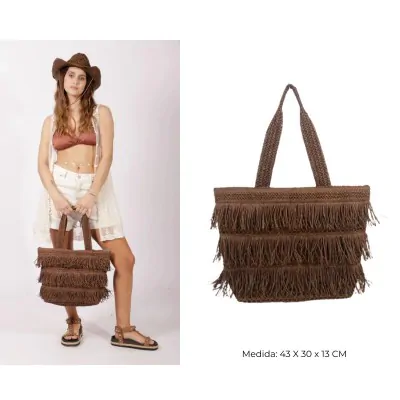 Bolso Canasto Con Flecos Marron