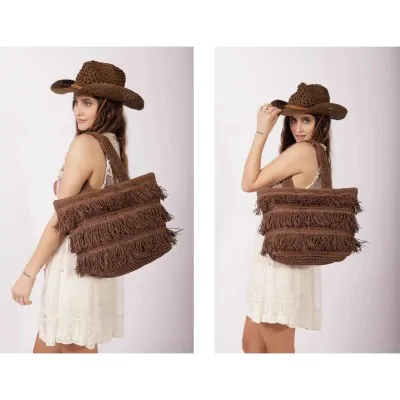 Bolso Canasto Con Flecos Marron