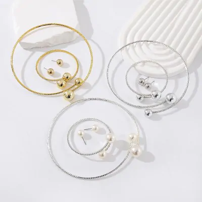 Set Collar Pulsera Stras Perla Bolita X6