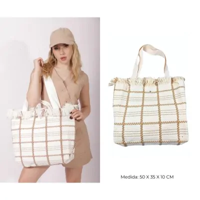 Bolso Canasto Cuadros Con Flecos Blanco