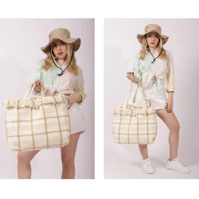 Bolso Canasto Cuadros Con Flecos Blanco