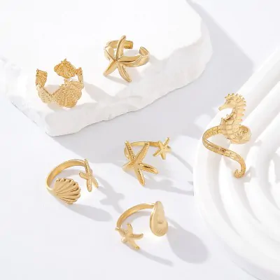 Anillo Acero Diseno Oceano Dorado X12