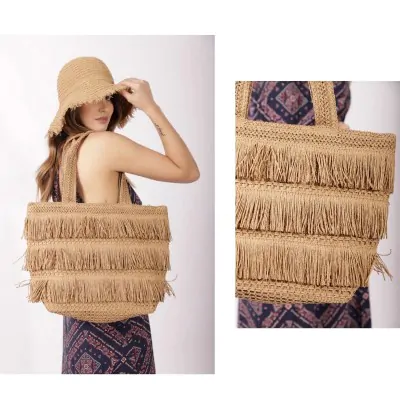 Bolso Canasto Con Flecos Camel