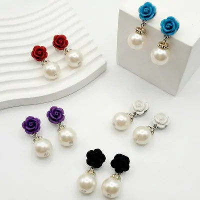 Aros Colgante Perla Flor Metal