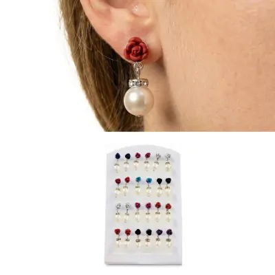 Aros Colgante Perla Flor Metal
