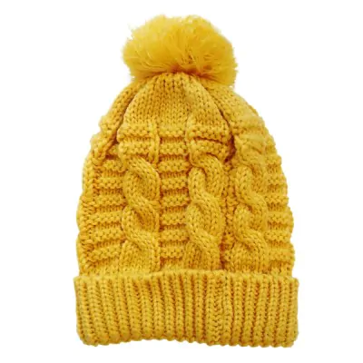 Gorro Lana Trenzado Con Pompon Mostaza