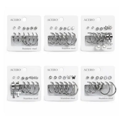 Set 6 Pares De Aros + Argollas De Acero Plateado X6