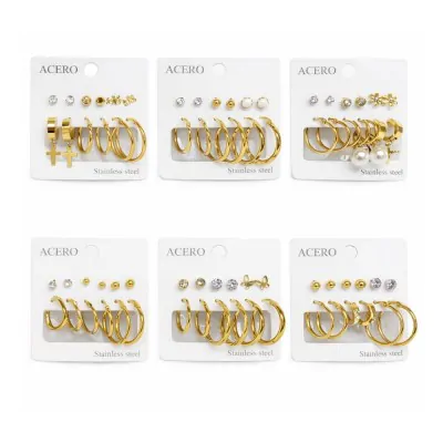 Set 6 Pares De Aros + Argollas De Acero Dorado X6