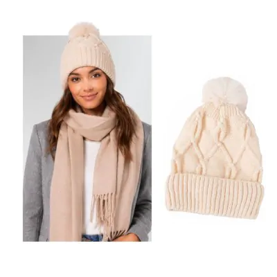 Gorro Lana Zig Zag Con Pompon Crema