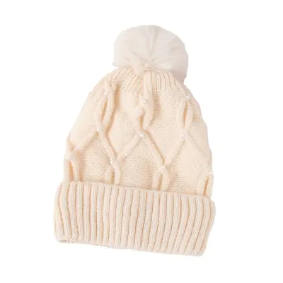 Gorro Lana Zig Zag Con Pompon Crema