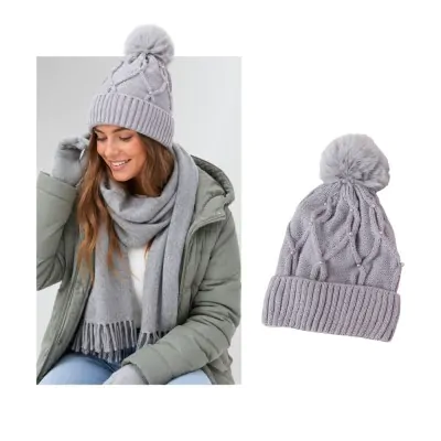 Gorro Lana Zig Zag Con Pompon Gris