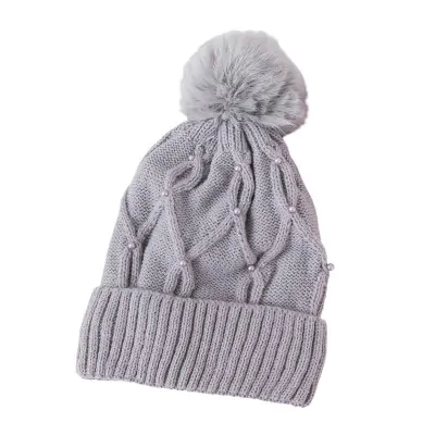 Gorro Lana Zig Zag Con Pompon Gris
