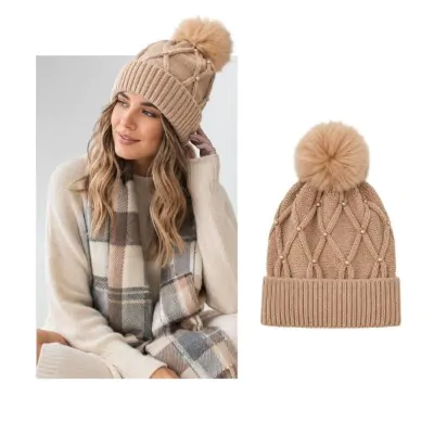 Gorro Lana Zig Zag Con Pompon Beige