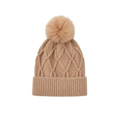 Gorro Lana Zig Zag Con Pompon Beige