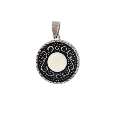 Dije Acero Aceitado Medalla Vintage Con Centro Blanco