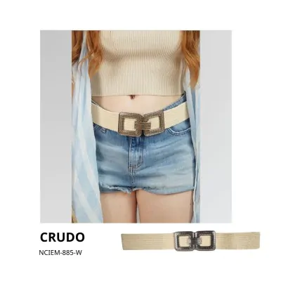 Cinturon Simil Rafia Estirable Doble Cuadrado Crudo