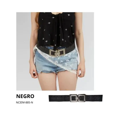 Cinturon Simil Rafia Estirable Doble Cuadrado Negro