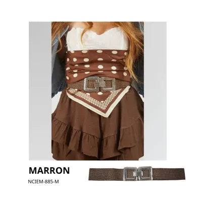 Cinturon Simil Rafia Estirable Doble Cuadrado Marron