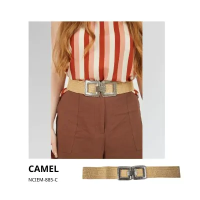 Cinturon Simil Rafia Estirable Doble Cuadrado Camel