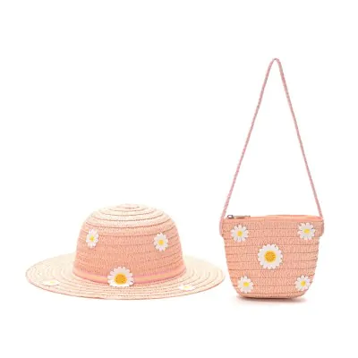 Set Sombrero Capelina Carterita Infantil Flor Margaritas Rosa
