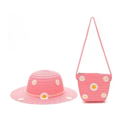 Set Sombrero Capelina Carterita Infantil Flor Margaritas Fucsia