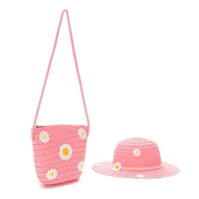 Set Sombrero Capelina Carterita Infantil Flor Margaritas Fucsia