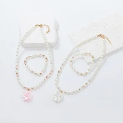 Set Infantil Collar Y Pulsera Perla Flor X6