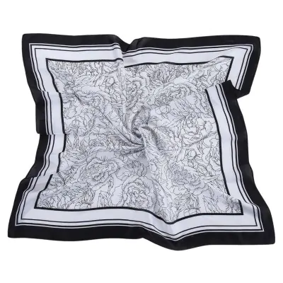 Panuelo Saten 70cm - Peonias Blanco Y Negro