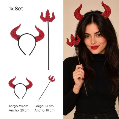 Set Cuernos Y Tridente De Demonio Halloween