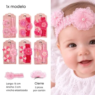 Set Pico Vincha Bebe Encaje Flor Rosa X6