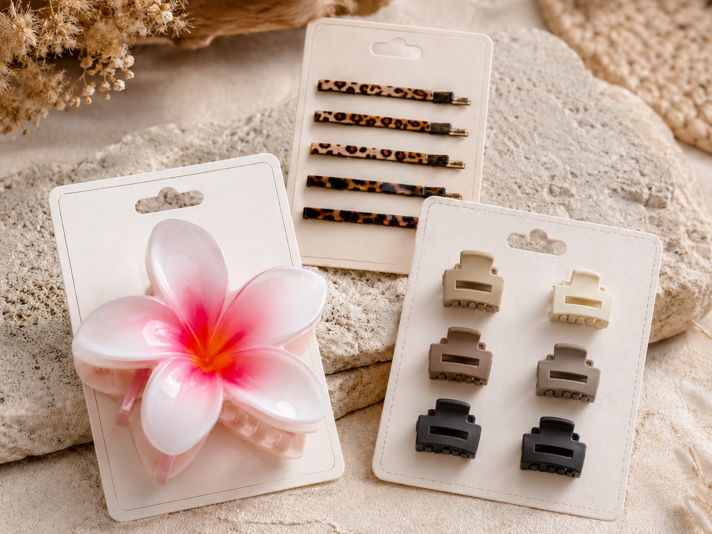 exhibidor con broches de pelo decorativos y funcionales