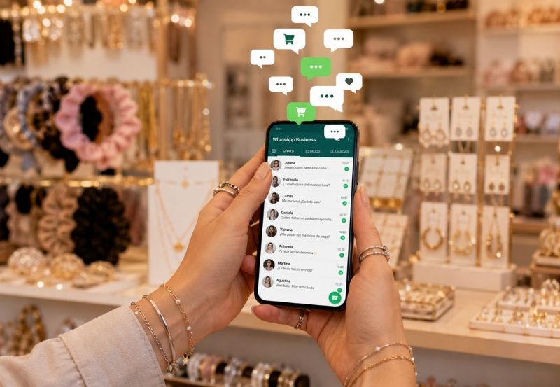 Cliente consultando accesorios por mayor en mostrador de bijouterie