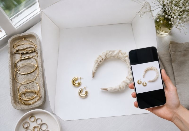 Vendedora organizando catálogo de accesorios para reventa mayorista