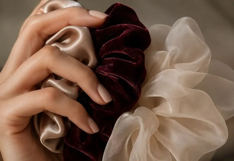 Detalle de scrunchies por mayor en diferentes materiales