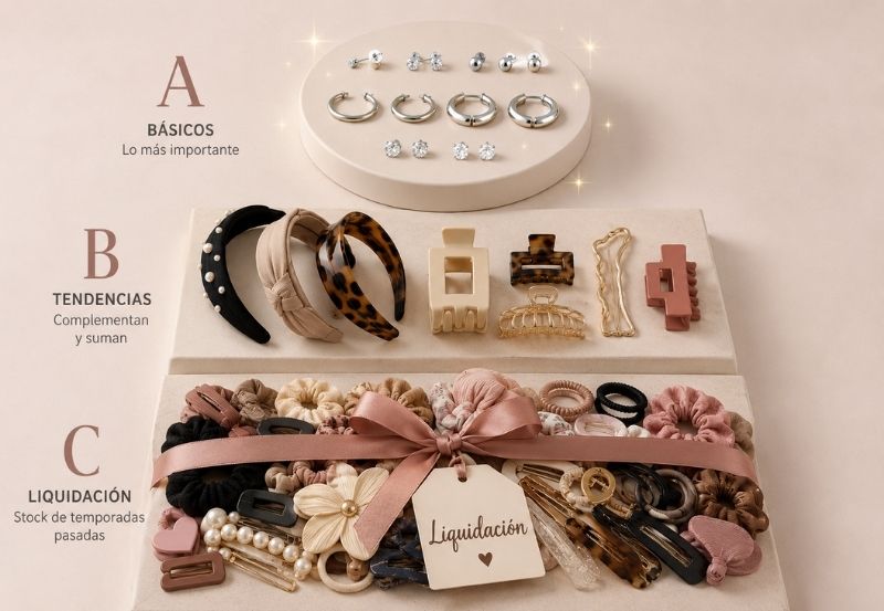Organización de stock de accesorios de moda en estantes de depósito