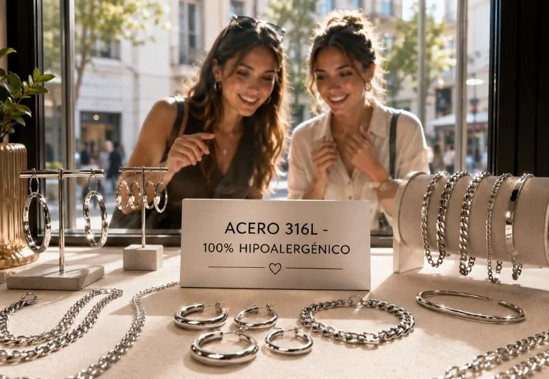 Cliente eligiendo accesorios de acero quirúrgico en mostrador mayorista Once
