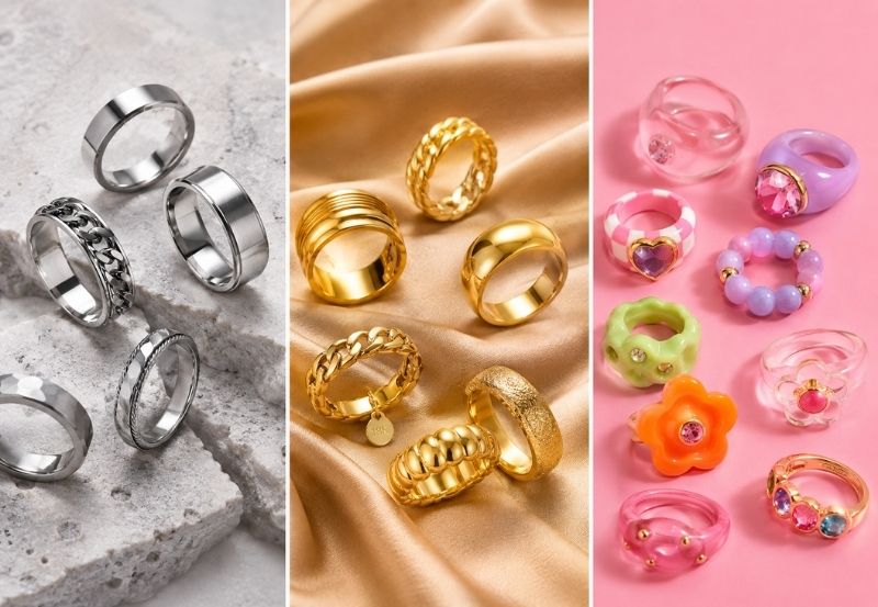 Detalle de anillos por mayor de acero quirúrgico y fantasía en exhibidor mayorista