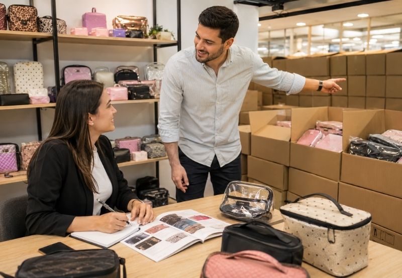 Cliente eligiendo portacosméticos por mayor en mostrador de distribuidor