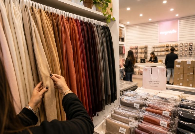 Comerciante organizando stock de accesorios de invierno mayorista
