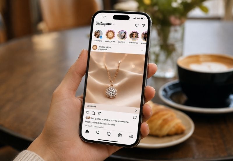 Celular fotografiando bijoutería en flat lay para publicar en redes sociales