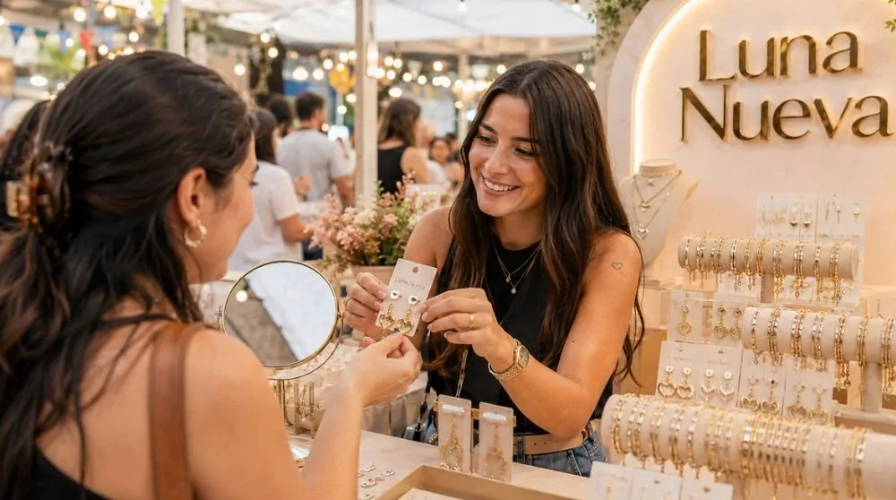 Primer plano de accesorios de moda: aros, collares y pulseras en exhibición
