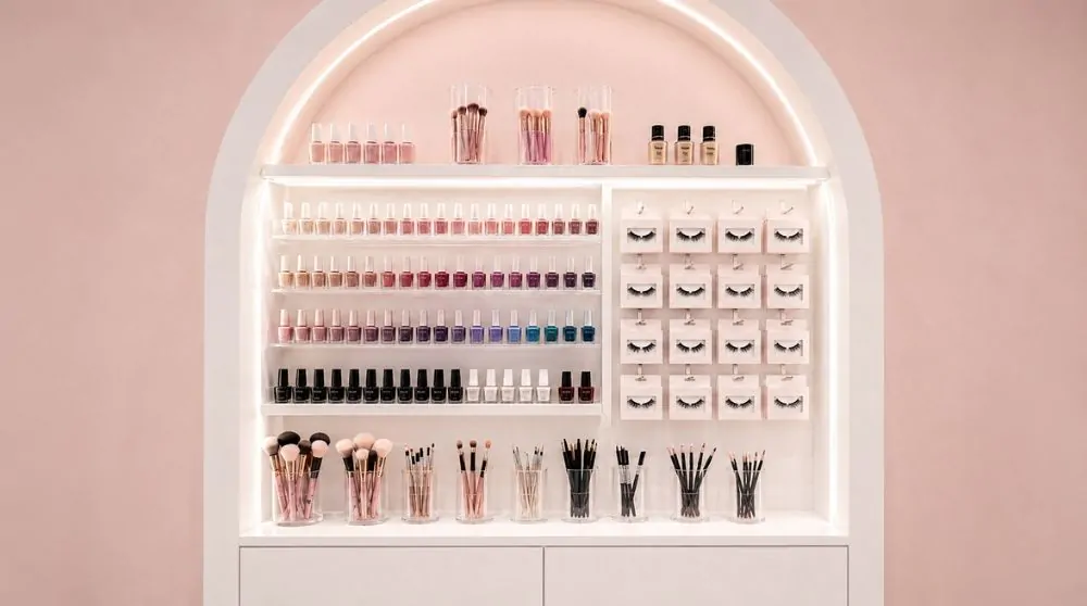 rack de esmaltes organizado por tonos de color en góndola de local de accesorios