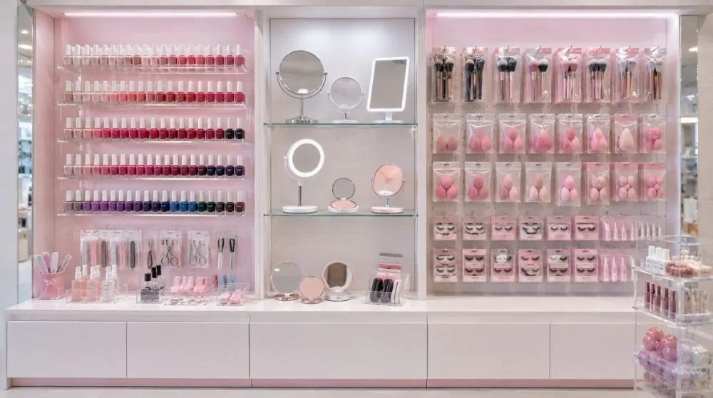 sección de belleza en local de accesorios con productos organizados por categoría