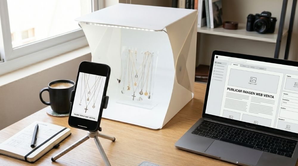 Emprendedora organizando inventario de accesorios en su local